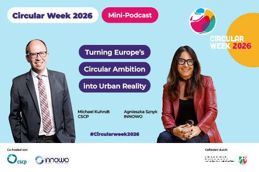 “Michael Kuhndt und Agnieszka Sznyk diskutieren während der Circular Week 2026 über Lösungen für die Kreislaufwirtschaft, städtische Nachhaltigkeit und Zusammenarbeit.”